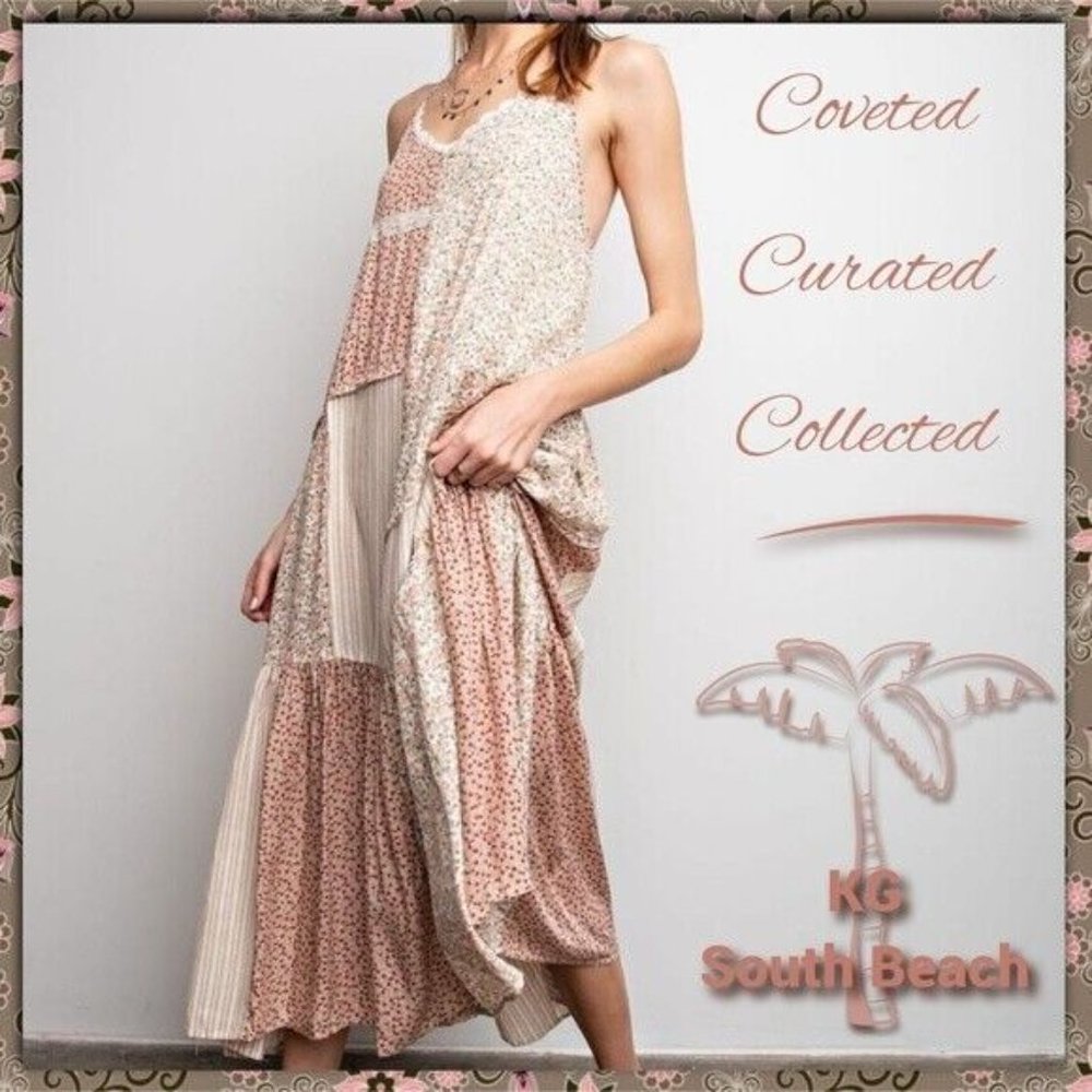 EASEL Mixed Print Adjustable Cross Straps Maxi Dress Lace Edges Relaxed & Flowy - Picture 12 of 15